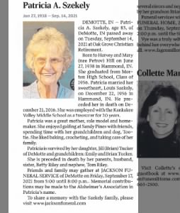 Obituary for Patricia A. Szekely